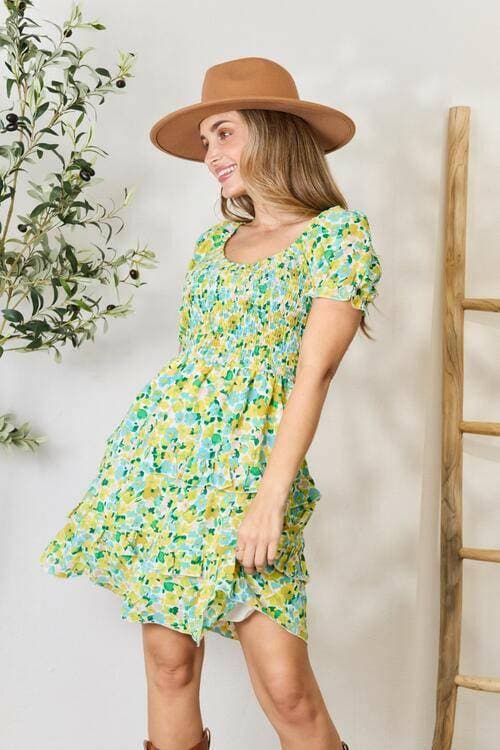 Floral Dream Flounce Sleeve Mini Dress with Smocked Neckline - Love Salve 