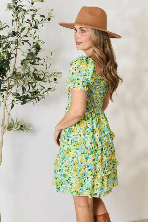 Floral Dream Flounce Sleeve Mini Dress with Smocked Neckline - Love Salve 