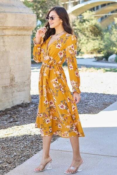 Floral Print Flounce Sleeve Dress with Tie-Back - Stylish and Versatile - Love Salve 