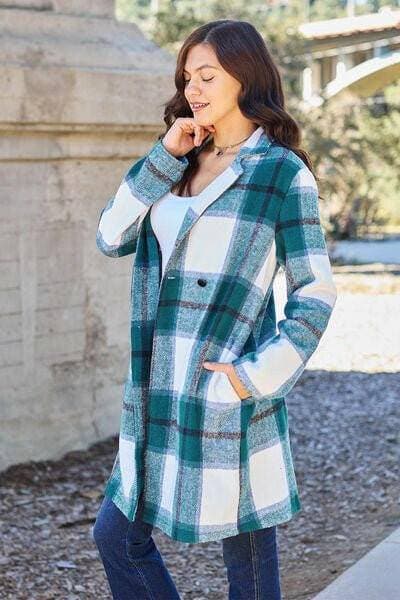 Double Vision Full Size Plaid Coat with Elegant Lapel Collar and Stylish Button-Up Closure - Love Salve 