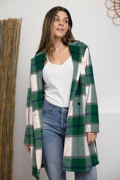 Double Vision Full Size Plaid Coat with Elegant Lapel Collar and Stylish Button-Up Closure - Love Salve 