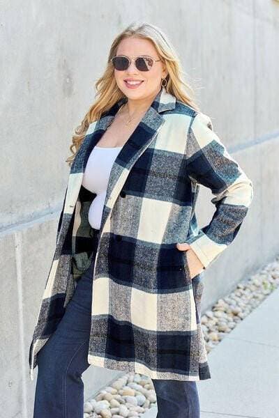 Double Vision Full Size Plaid Coat with Elegant Lapel Collar and Stylish Button-Up Closure - Love Salve 