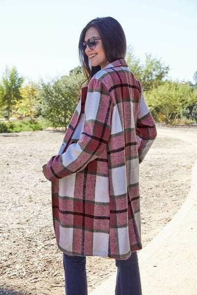 Double Vision Full Size Plaid Coat with Elegant Lapel Collar and Stylish Button-Up Closure - Love Salve 