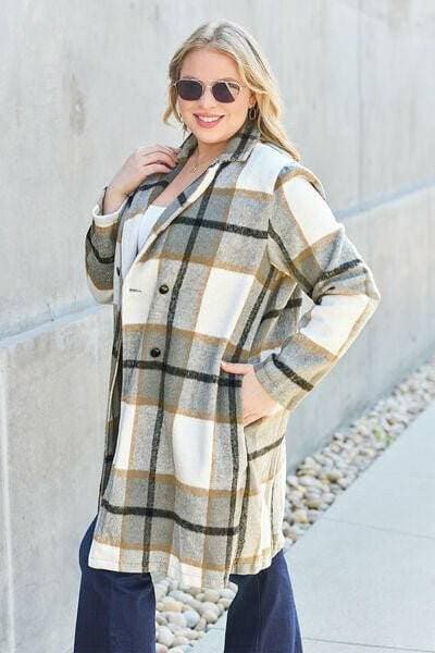 Double Vision Full Size Plaid Coat with Elegant Lapel Collar and Stylish Button-Up Closure - Love Salve 