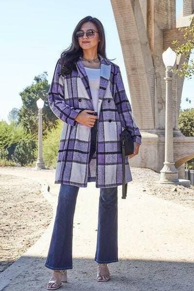 Double Vision Full Size Plaid Coat with Elegant Lapel Collar and Stylish Button-Up Closure - Love Salve 