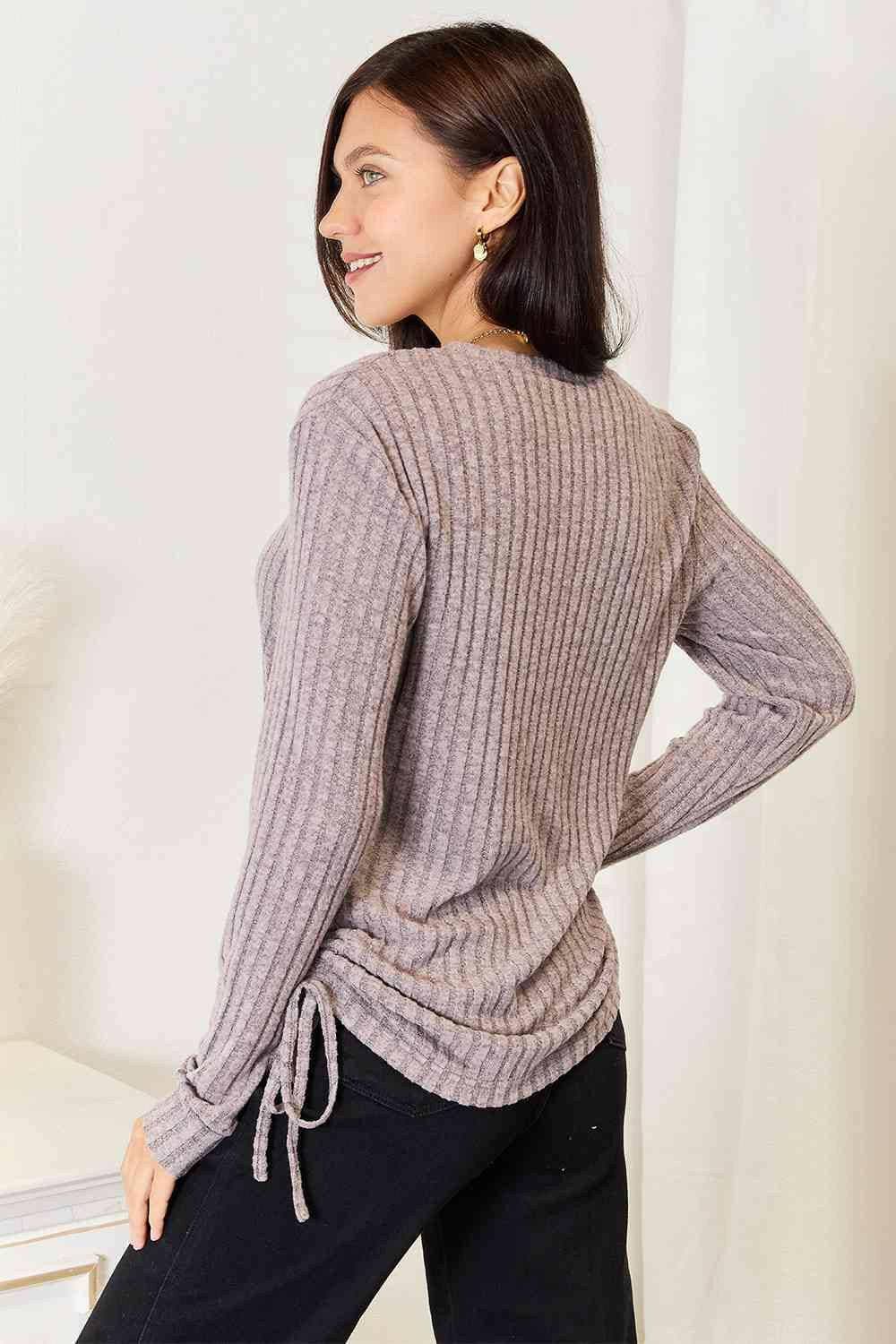 Chic Ribbed Top with Drawstring Accent and Sheer Sleeves - Love Salve 