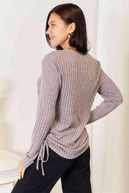 Chic Ribbed Top with Drawstring Accent and Sheer Sleeves - Love Salve 