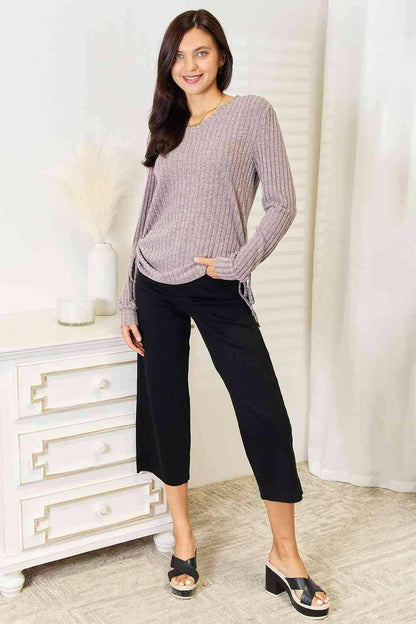 Chic Ribbed Top with Drawstring Accent and Sheer Sleeves - Love Salve 