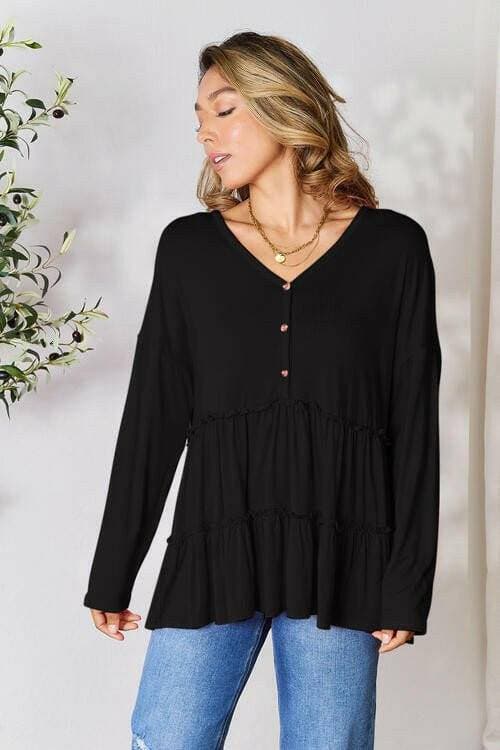 Elegant Sheer Ruffle Hem Button-Up Blouse - Sophisticated Style for Every Occasion - Love Salve 