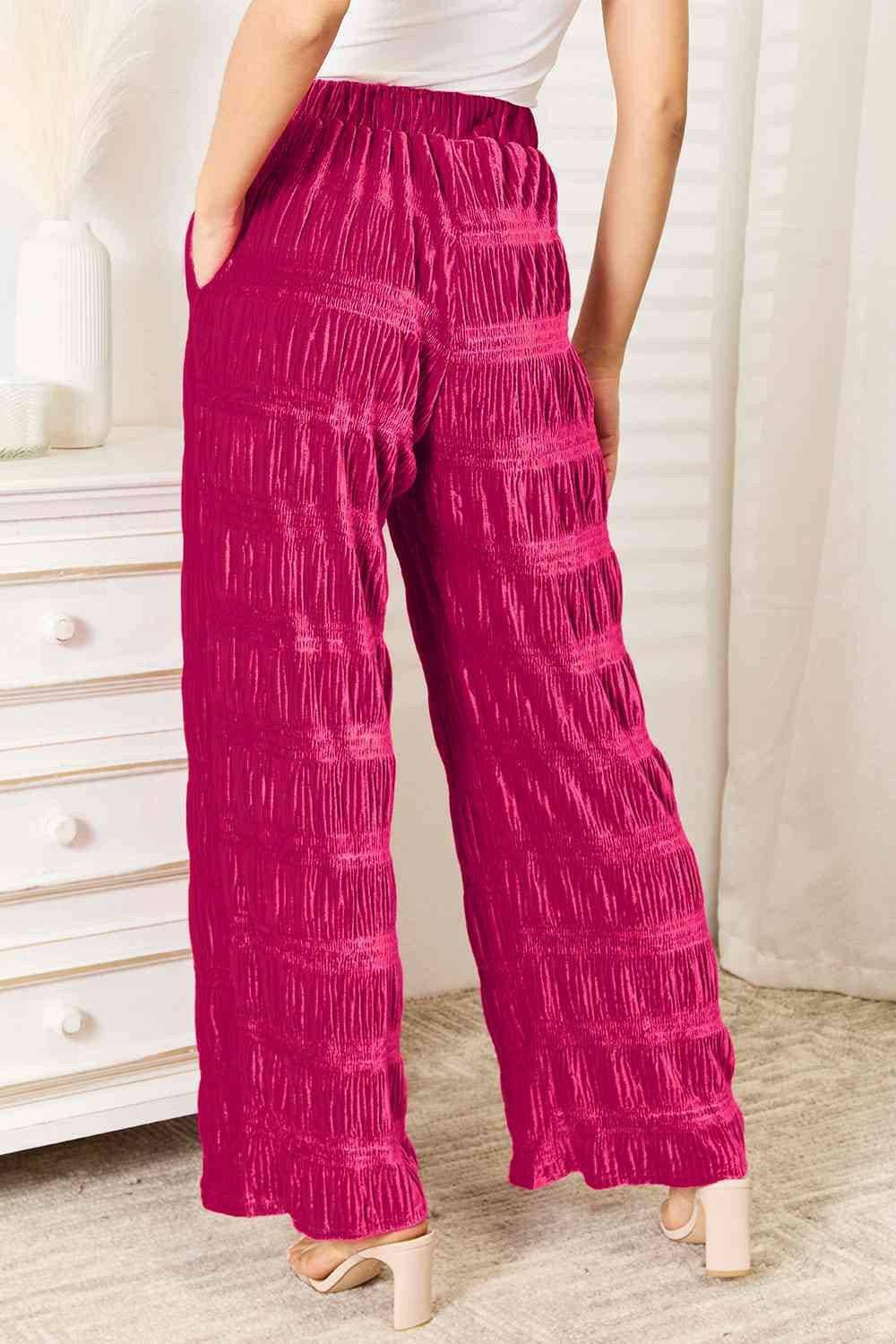 Luxurious Velvet Tiered High Waist Wide Leg Pants with Ruched Accents - Love Salve 