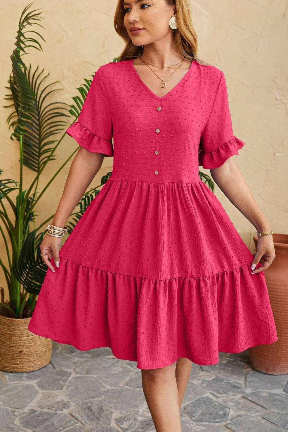 Swiss Dot Ruffled V-Neck Dress: Feminine Tiered Dress with Delicate Details - Love Salve 