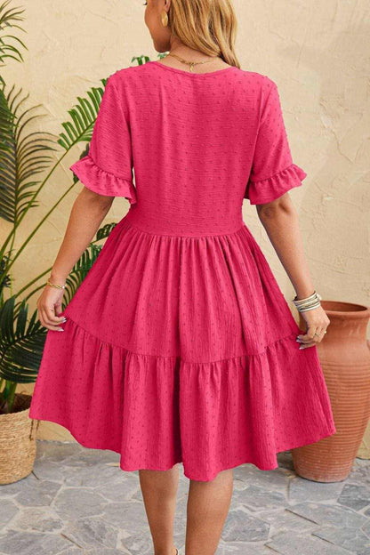 Swiss Dot Ruffled V-Neck Dress: Feminine Tiered Dress with Delicate Details - Love Salve 