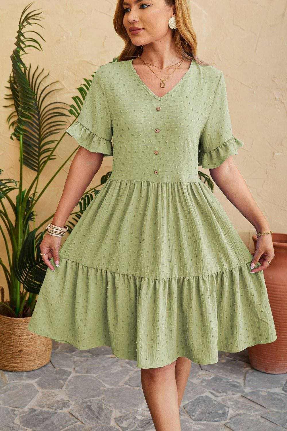 Swiss Dot Ruffled V-Neck Dress: Feminine Tiered Dress with Delicate Details - Love Salve 