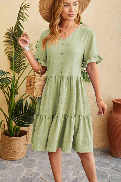 Swiss Dot Ruffled V-Neck Dress: Feminine Tiered Dress with Delicate Details - Love Salve 