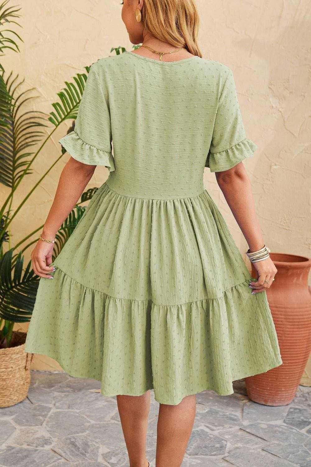 Swiss Dot Ruffled V-Neck Dress: Feminine Tiered Dress with Delicate Details - Love Salve 