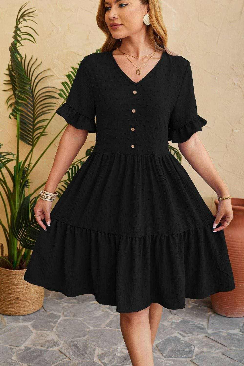 Swiss Dot Ruffled V-Neck Dress: Feminine Tiered Dress with Delicate Details - Love Salve 