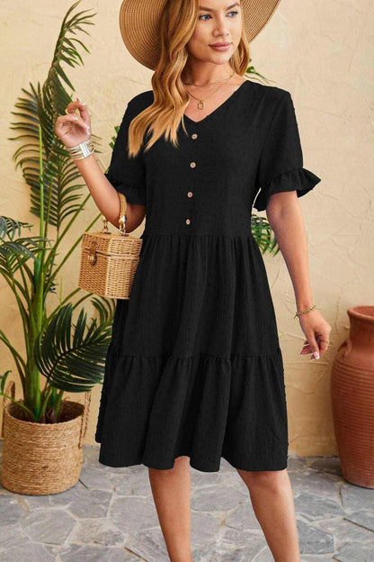 Swiss Dot Ruffled V-Neck Dress: Feminine Tiered Dress with Delicate Details - Love Salve 