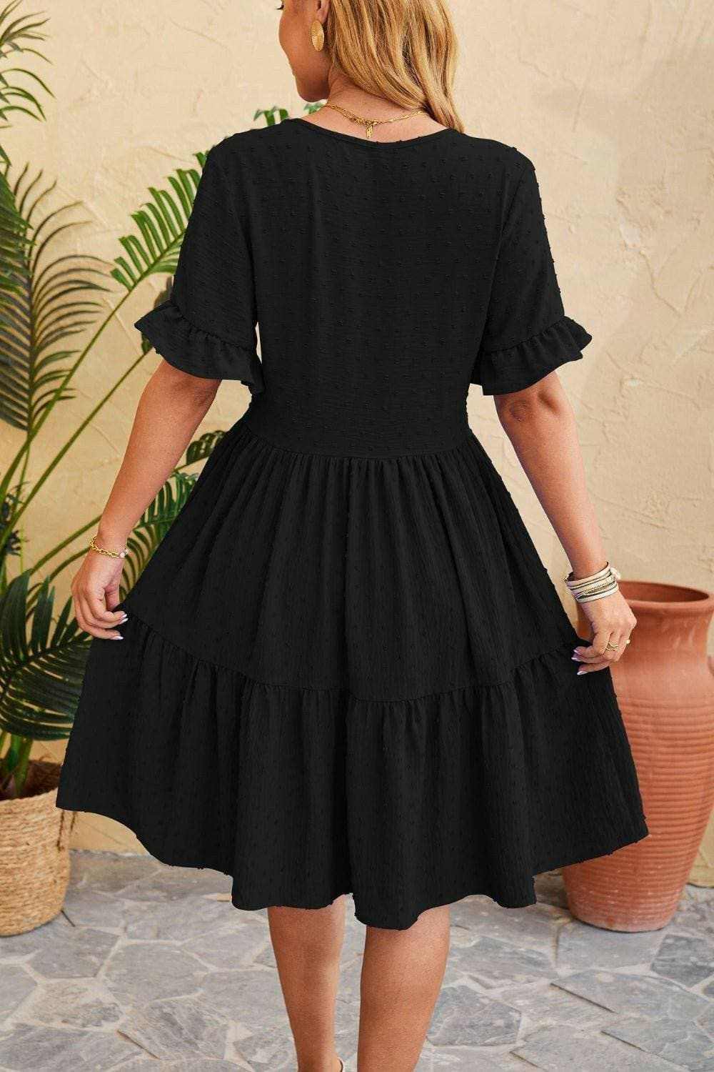 Swiss Dot Ruffled V-Neck Dress: Feminine Tiered Dress with Delicate Details - Love Salve 