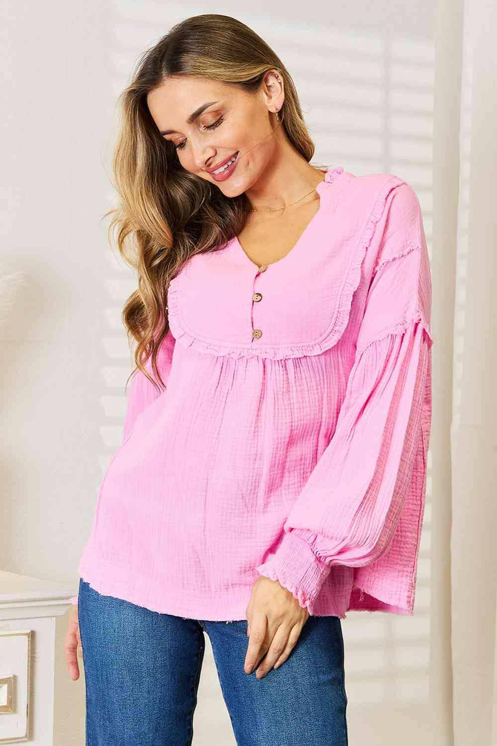 Elegant Button-Up Blouse with Exposed Seams and Notched Neck - Love Salve 