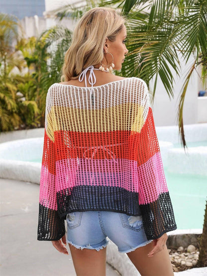 Sheer Elegance Color Block Beach Cover Up with Chic Openwork Design - Love Salve 