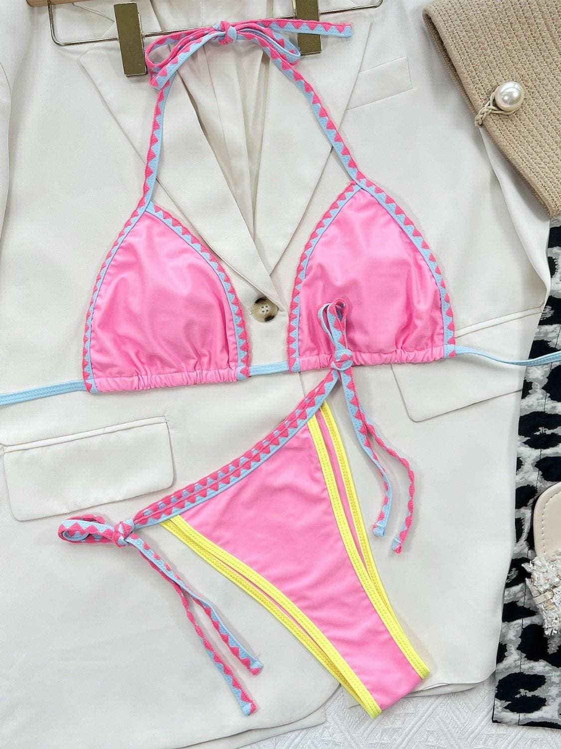 Vibrant Halter Neck Bikini Set with Interchangeable Padding and Colorful Trim - Love Salve 