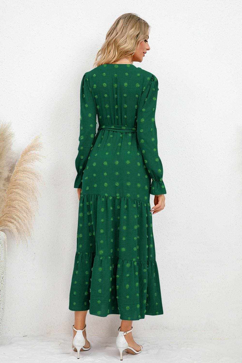 Elegant Swiss Dotted Dress with Flounce Hem - Love Salve 