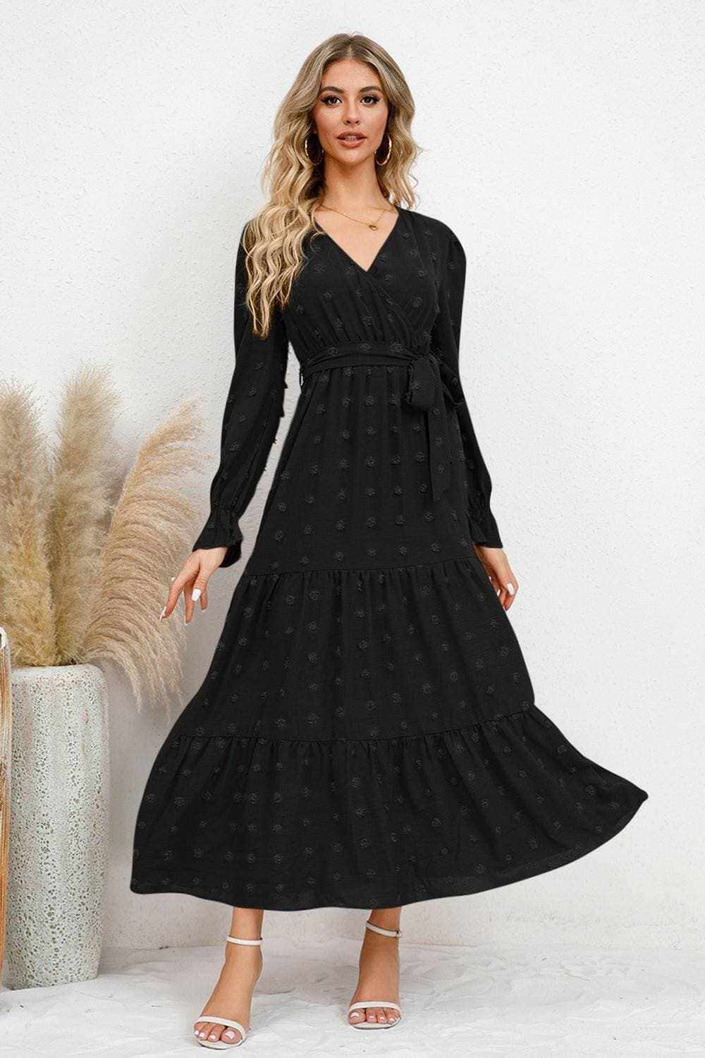 Elegant Swiss Dotted Dress with Flounce Hem - Love Salve 