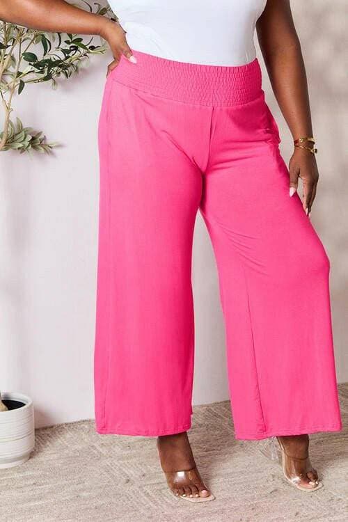 Elegant Wide Leg Rayon Blend Palazzo Pants with Smocked Wide Waistband - Love Salve 