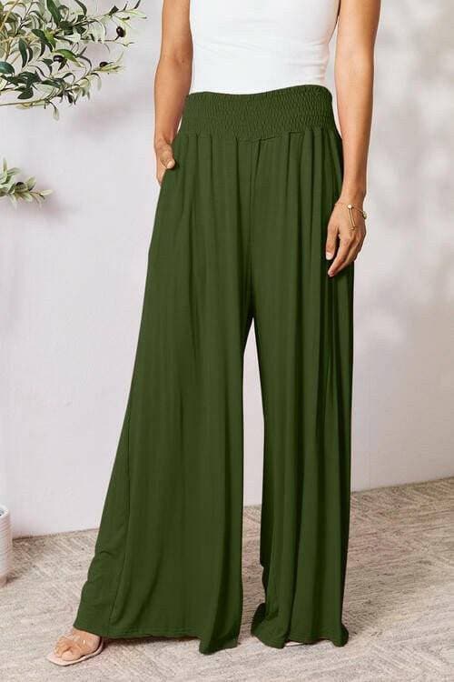 Elegant Wide Leg Rayon Blend Palazzo Pants with Smocked Wide Waistband - Love Salve 