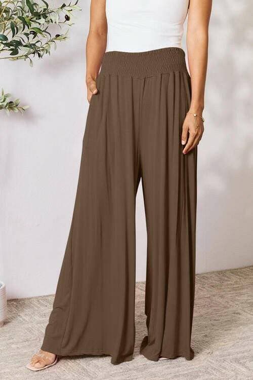 Elegant Wide Leg Rayon Blend Palazzo Pants with Smocked Wide Waistband - Love Salve 