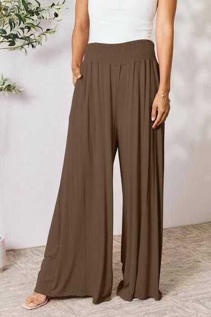 Elegant Wide Leg Rayon Blend Palazzo Pants with Smocked Wide Waistband - Love Salve 