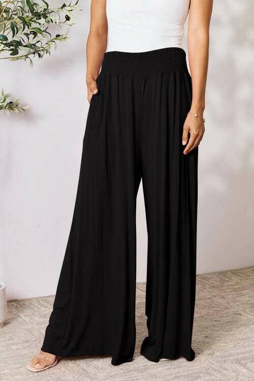 Elegant Wide Leg Rayon Blend Palazzo Pants with Smocked Wide Waistband - Love Salve 