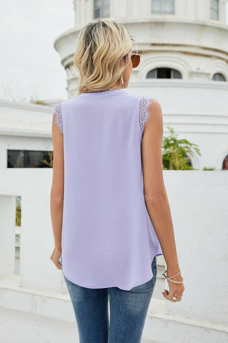 Lace-Trim Sleeveless Top with Notched Neckline - Love Salve 