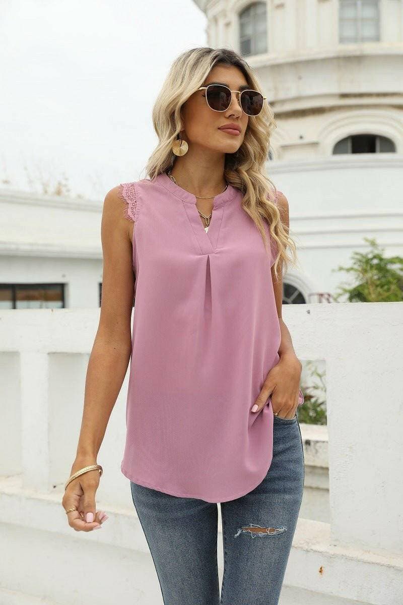 Lace-Trim Sleeveless Top with Notched Neckline - Love Salve 