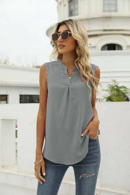 Lace-Trim Sleeveless Top with Notched Neckline - Love Salve 