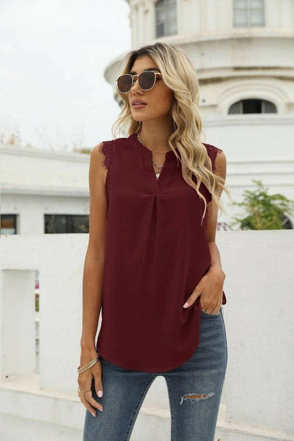 Lace-Trim Sleeveless Top with Notched Neckline - Love Salve 