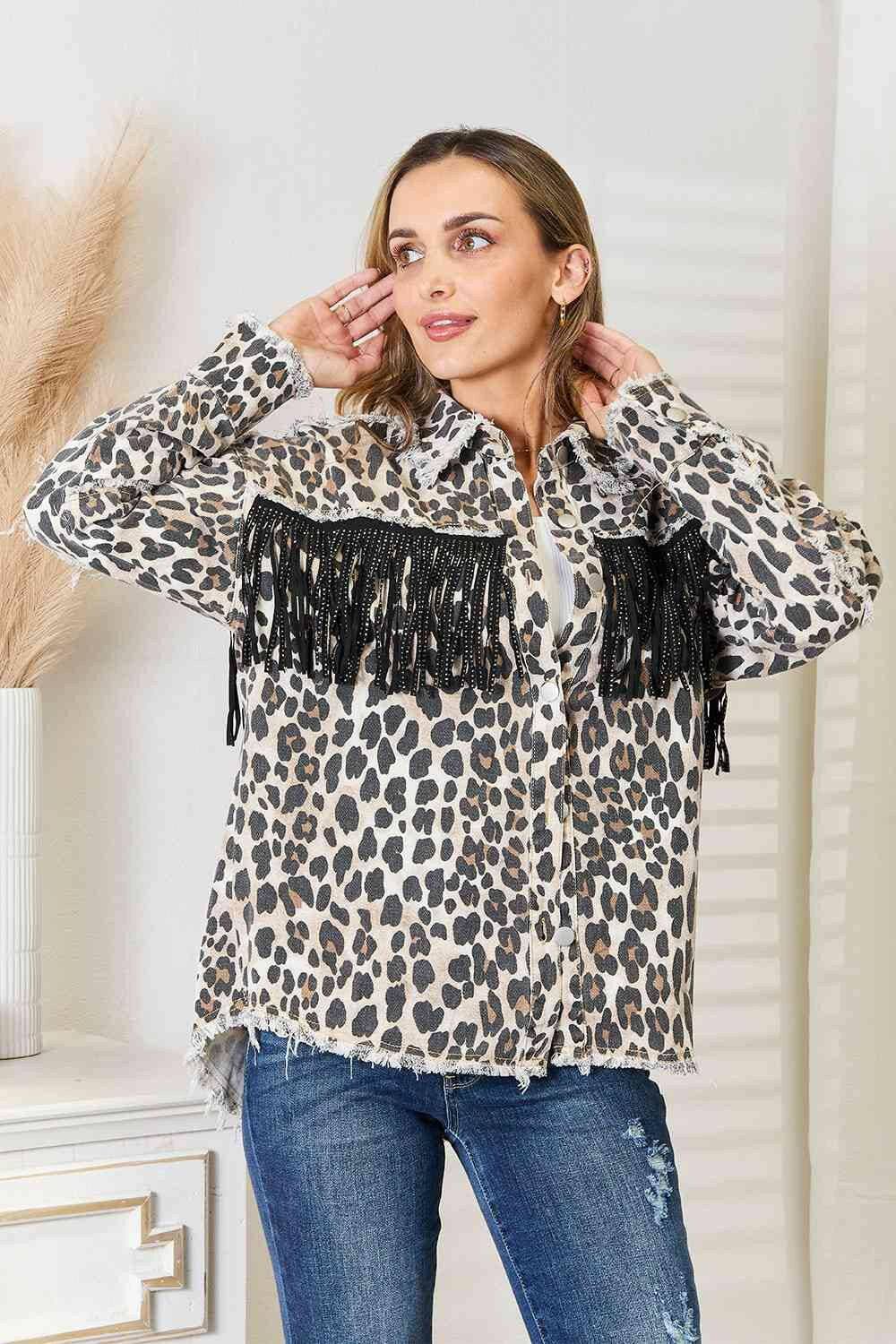 Leopard Fringed Denim Jacket with Unique Collar Design - Love Salve 