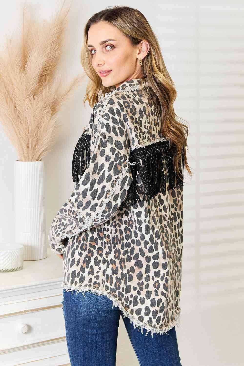 Leopard Fringed Denim Jacket with Unique Collar Design - Love Salve 