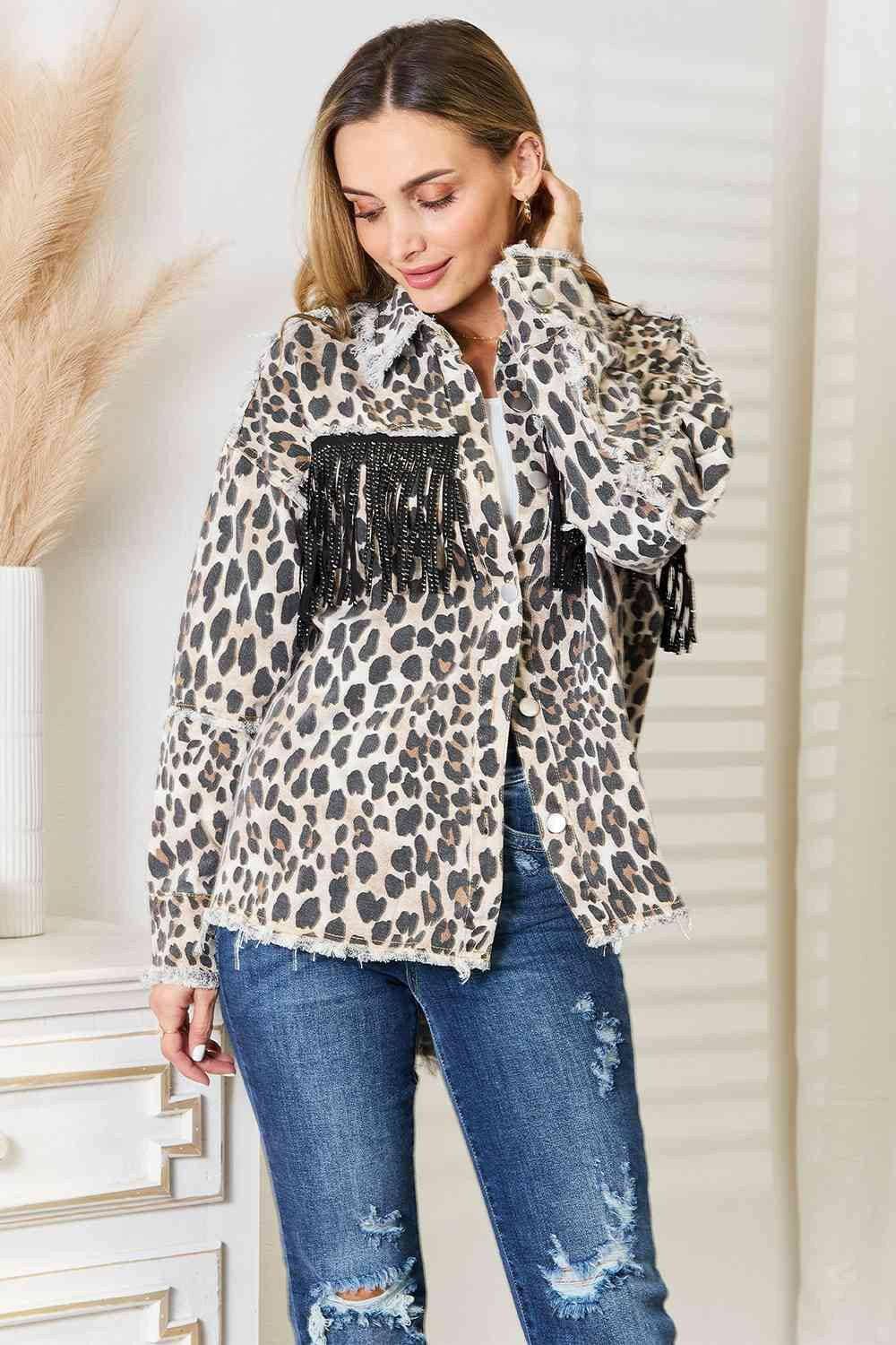 Leopard Fringed Denim Jacket with Unique Collar Design - Love Salve 