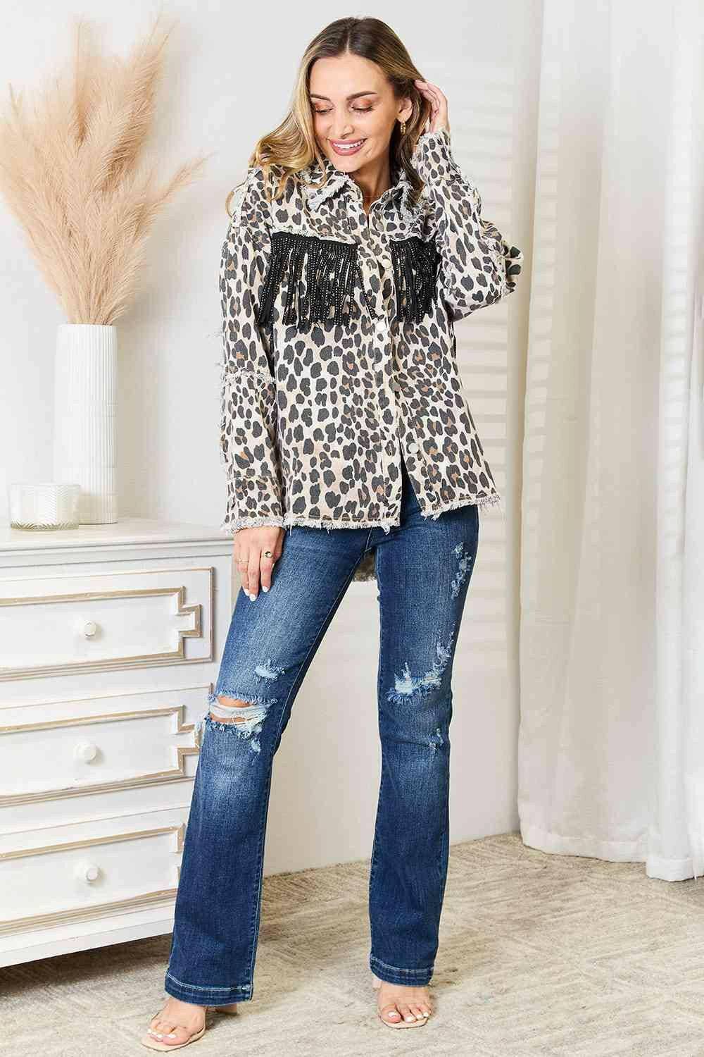 Leopard Fringed Denim Jacket with Unique Collar Design - Love Salve 