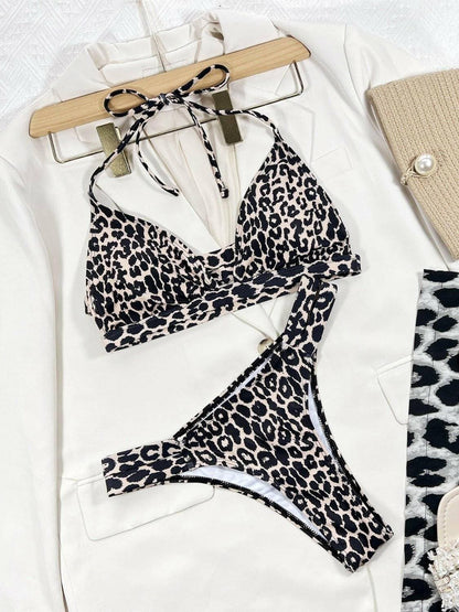 Leopard Print Cutout Halter Bikini Set for Confident Beach Style - Love Salve 