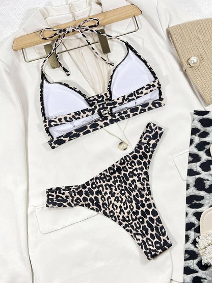 Leopard Print Cutout Halter Bikini Set for Confident Beach Style - Love Salve 