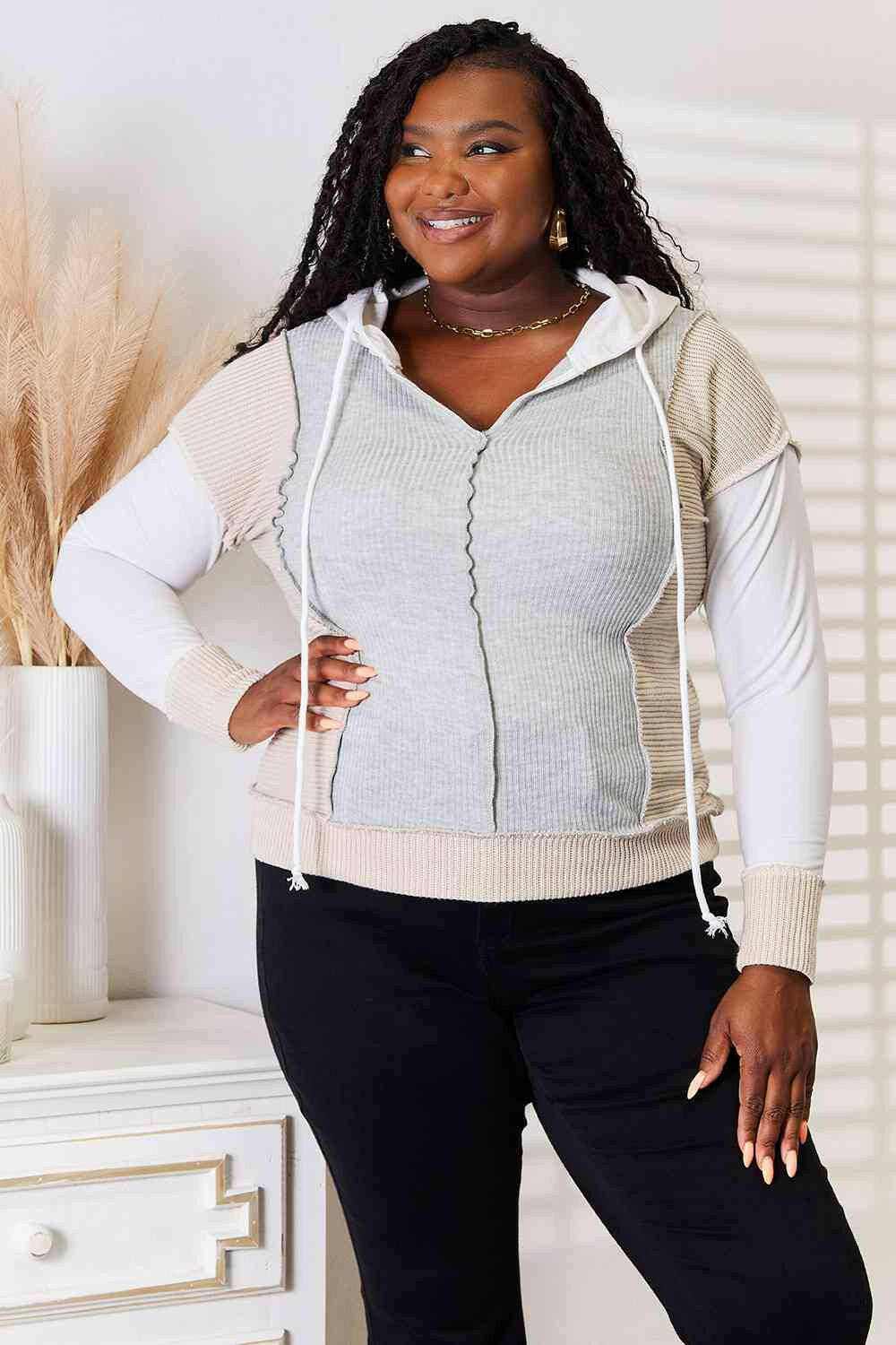 Stylish Color Block Hoodie with Exposed Seam Detailing - Love Salve 