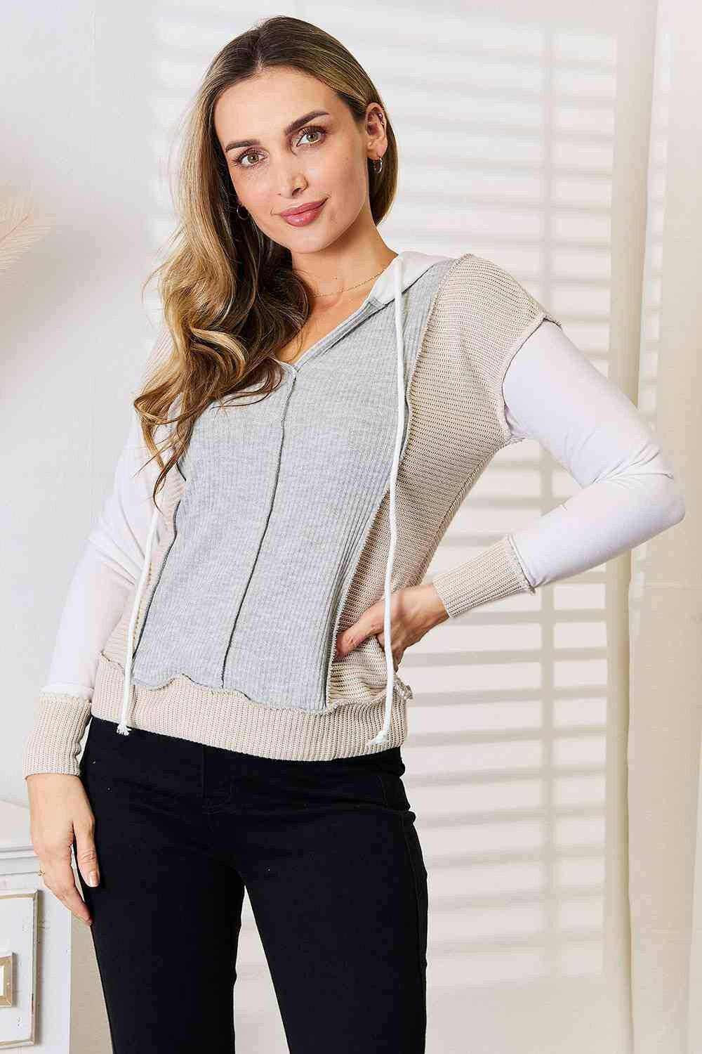 Stylish Color Block Hoodie with Exposed Seam Detailing - Love Salve 