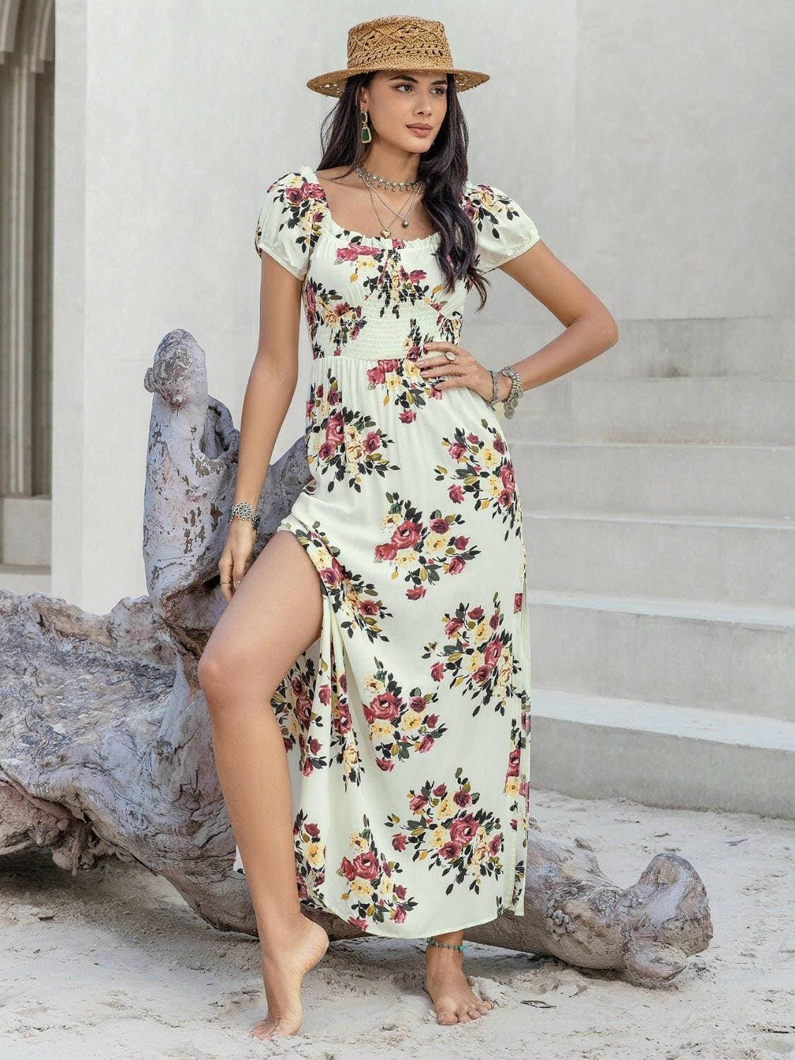 Floral Midi Dress with Tied Slit and Short Sleeves - Love Salve 