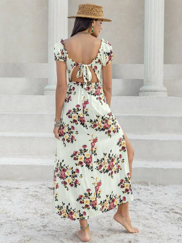 Floral Midi Dress with Tied Slit and Short Sleeves - Love Salve 