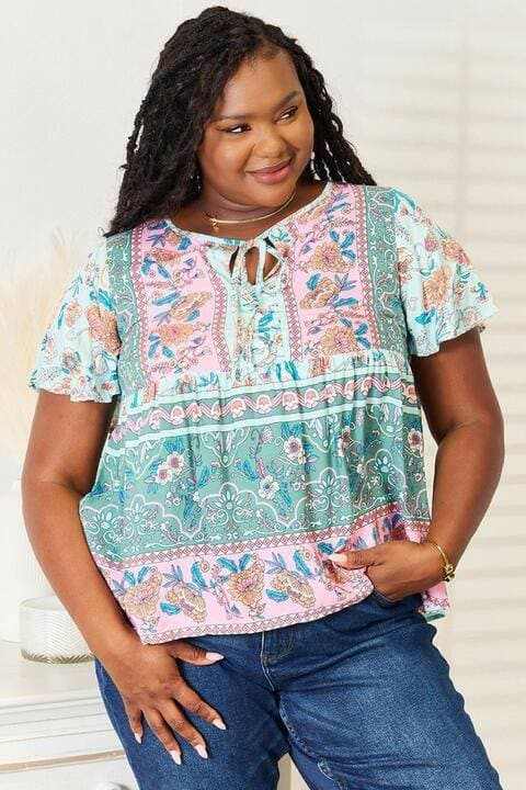 Elegant Floral Tie-Neck Blouse with Stylish Short Sleeves - Love Salve 