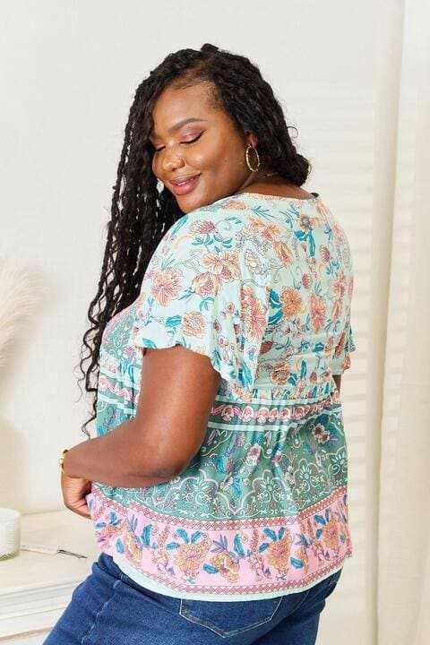 Elegant Floral Tie-Neck Blouse with Stylish Short Sleeves - Love Salve 