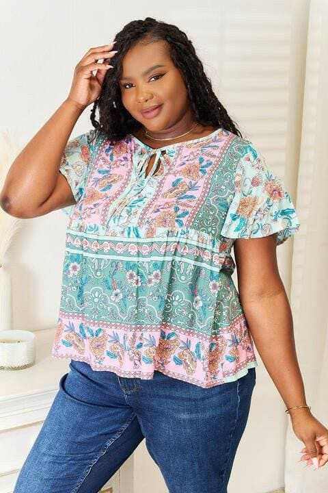 Elegant Floral Tie-Neck Blouse with Stylish Short Sleeves - Love Salve 