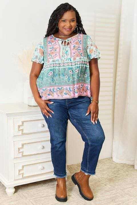Elegant Floral Tie-Neck Blouse with Stylish Short Sleeves - Love Salve 